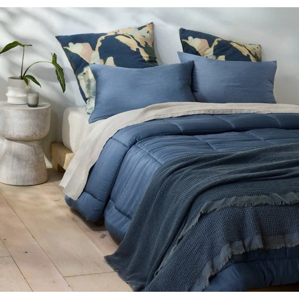 SET! King Textured Waffle Coverlet & 2 King Shams Dark Mineral Blue Casaluna